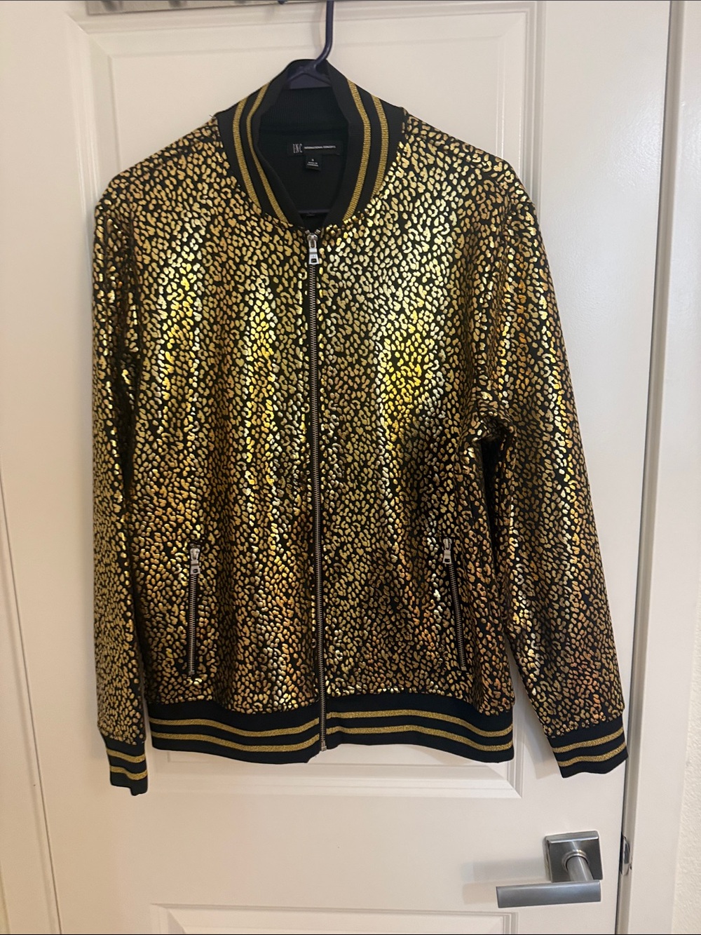 INC International Concepts Metallic Gold Leopard-Print Bomber Jacket